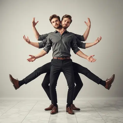 Surreal Image of a Caucasian Man with Two Heads, 4 Hands and 6 Legs