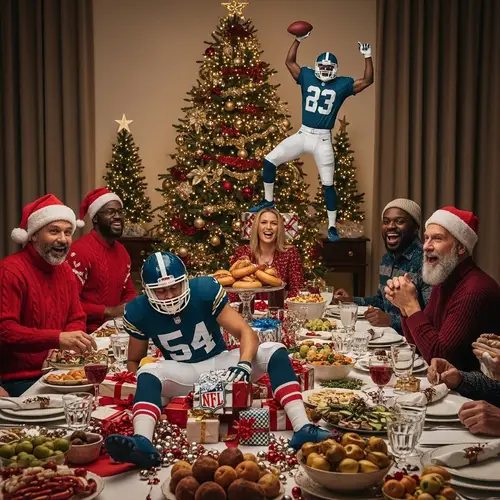 Whimsical Christmas Scene: Festive Foods and Sports Team Match Victory