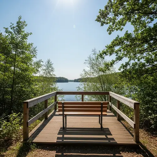 Tranquil Forest View: Wooden Bench on Observation Deck Overlooking Lake