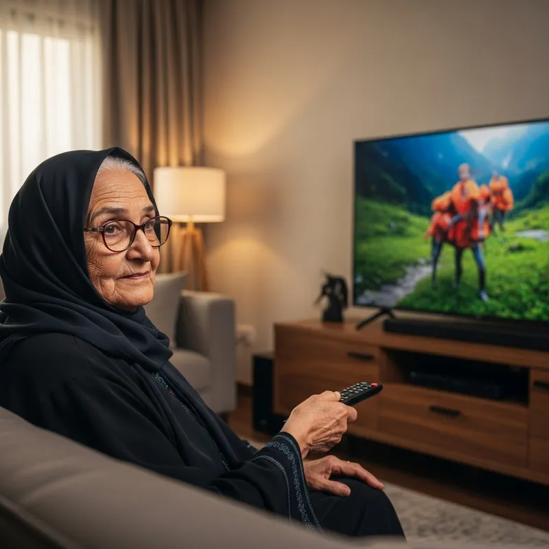 Middle-Eastern Grandmother in Traditional Attire in Modern Living Room with Large TV Middle-Eastern Grandmother in Traditional Attire in Modern Living Room with Large TV