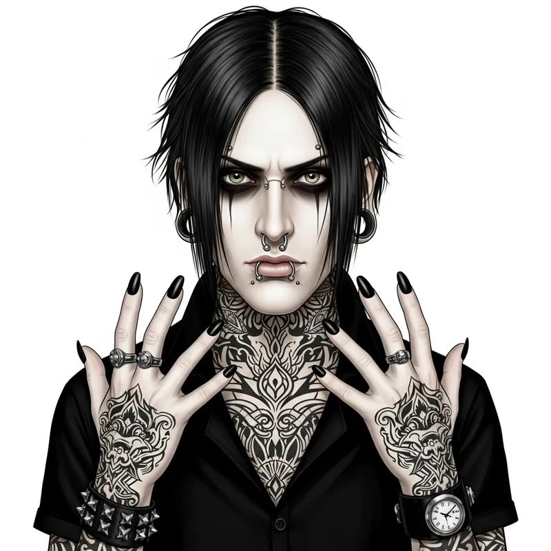 Gothic Bad Boy with Face Piercings, Tattoos, and Smokey Eyes