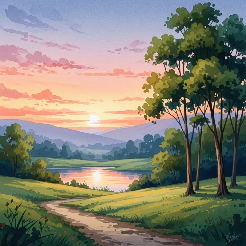 Serene Watercolor Landscape: Vibrant Sunset Reflections