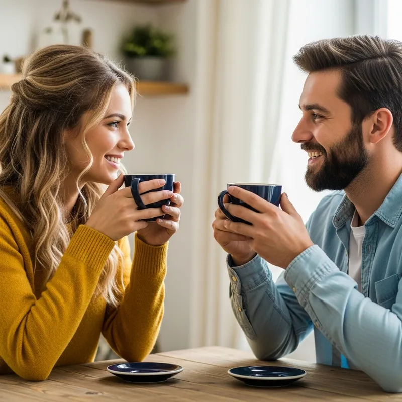 Happy Caucasian Couple Drinking Coffee from Oversized Mugs
