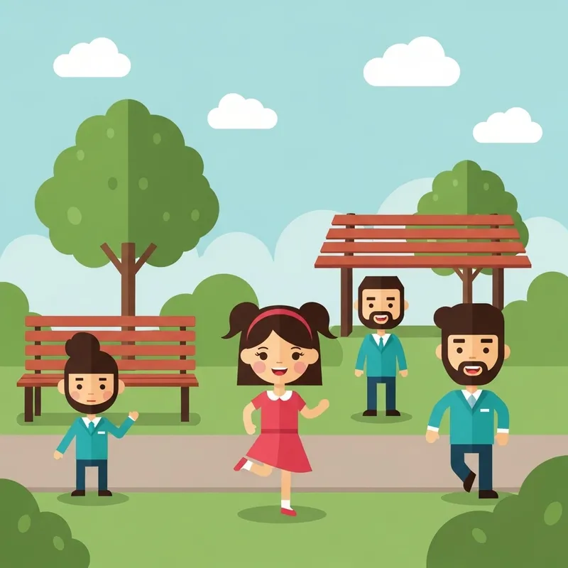 Cute Running Girl in Geometric Animation Style Park Scene