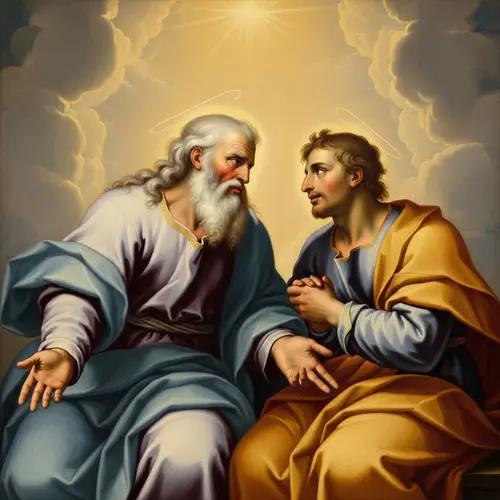 Renaissance-Style Oil Painting of Divine Figures in Conversation