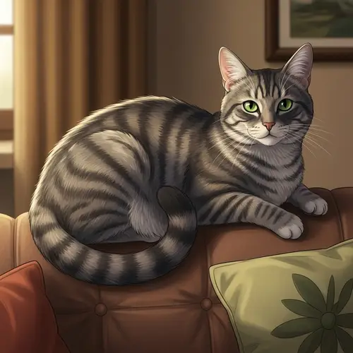 Charming Grey House Cat Illustration on Cozy Couch