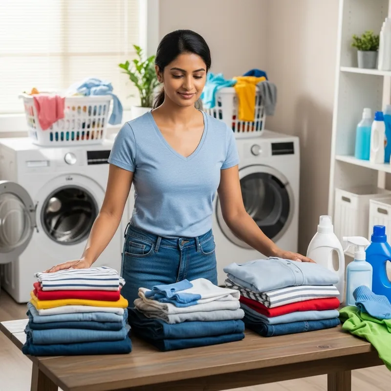 Joyful South Asian Mother Doing Laundry: Simple Domestic Happiness