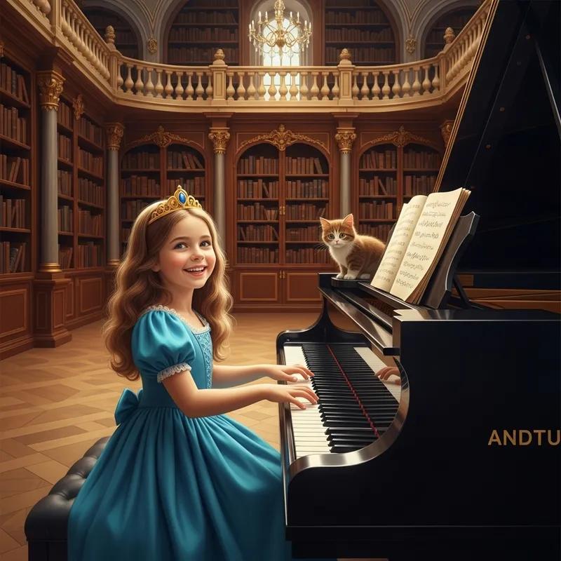 Ethereal Seven-Year-Old Princess Playing Grand Piano in Immersive Baroque Fantasy