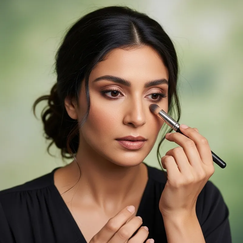Beautiful Woman Applying Makeup on Soft Green Background