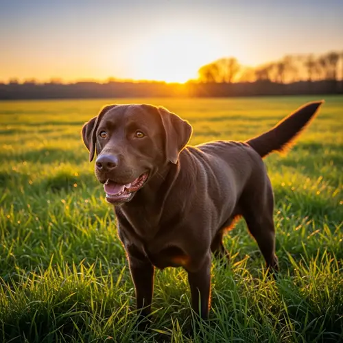 Chocolate Labrador Retriever in Lush Field | Fun Frolic Scene