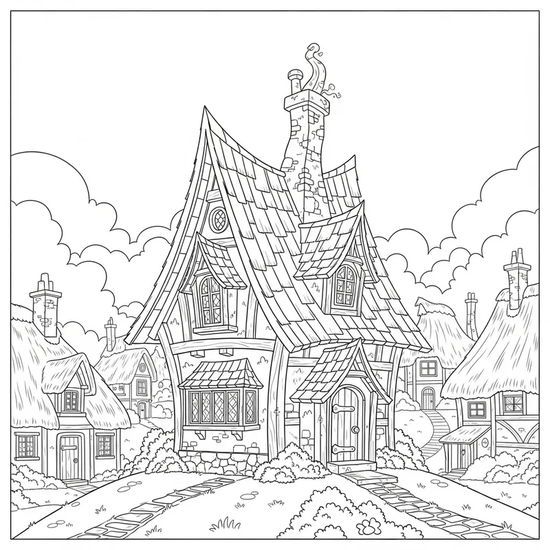Fantasy Cottage Coloring Page | Rural Village Drawing