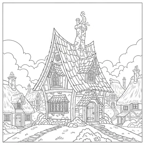 Whimsical Cottage Coloring Page | Village Scene Drawing