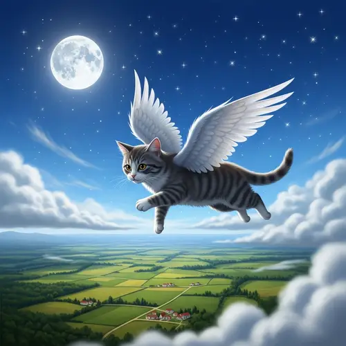Whimsical Cat with Wings Soaring in Fantasy Sky
