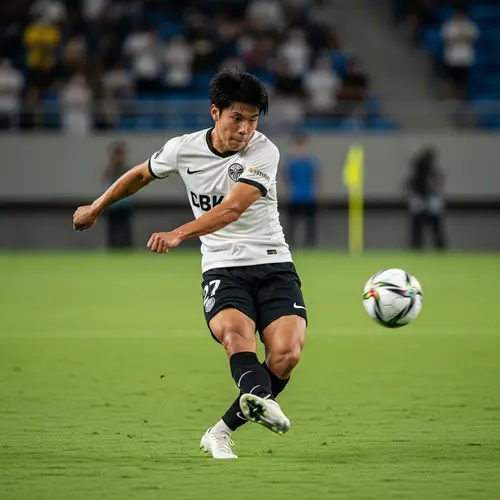 Athletic Soccer Player with Powerful Kick on Grass Field