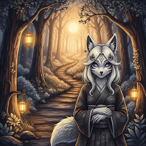 Mystical Forest Pathway Art: Enchanting Kitsune