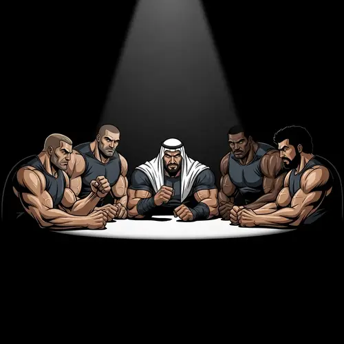 Diverse Group of Muscular Men Around Table in Spotlight
