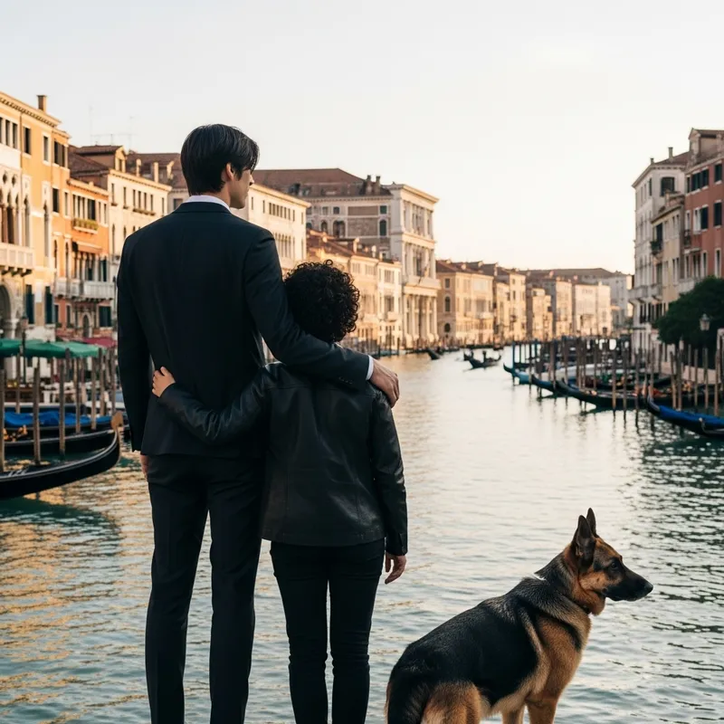 Tall Man, Woman, and German Shepherd in Venice City Views