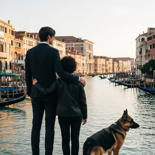 Venice City Views with Tall Man, Woman, and German Shepherd Enjoying Sunset