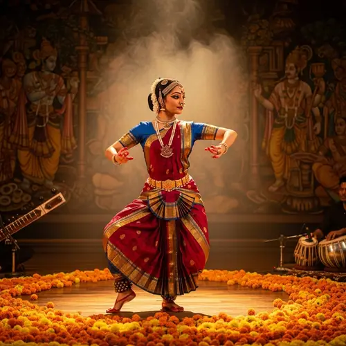Traditional Bharatanatyam Dance Performance on Marigold-Filled Stage