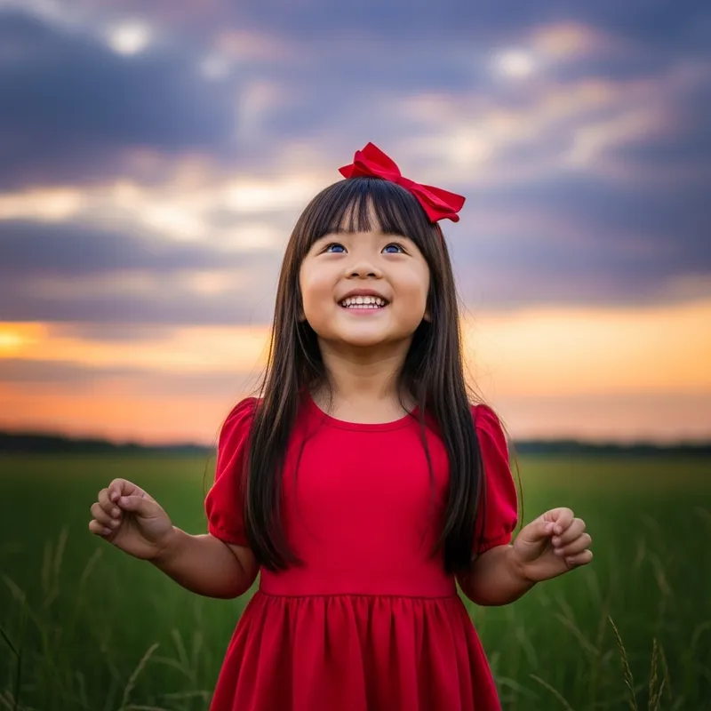 Happy Girl in Red Dress under Blue Sky