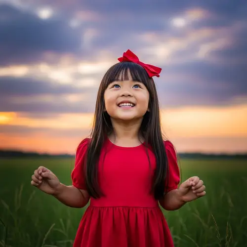 Young Girl in Bright Red Dress Smiling under Beautiful Sky