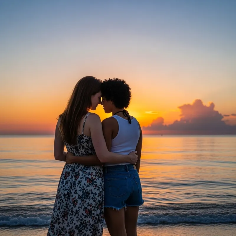 Peaceful Sunset Beach Photo of Beautiful Lesbian Couple