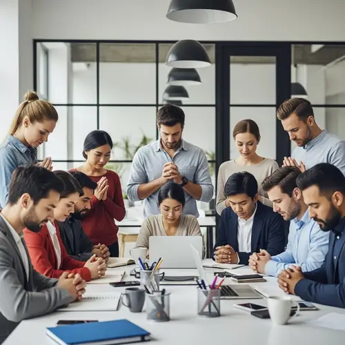 Professionals Praying Together in Modern Office
