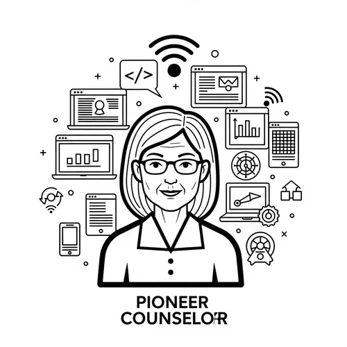 Caucasian Female Pioneer Counselor with Tech Symbols - Modern Sketch