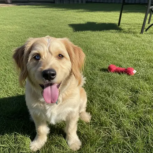Playful Domestic Dog with Cream and Brown Shaggy Fur