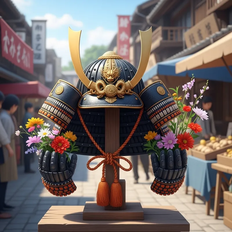 Kabuto Helmet Selling Flowers - Japanese Tradition