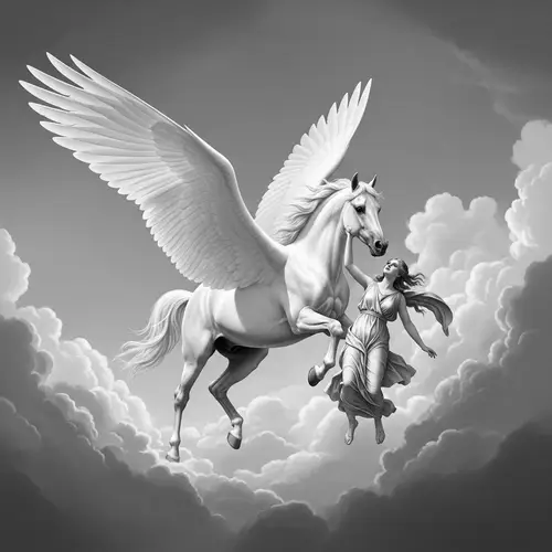 Majestic Pegasus Rescuing Woman in Draped Dress | Ethereal Scene