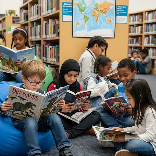 Diverse Kids Reading Books in Library | Learning and Companionship