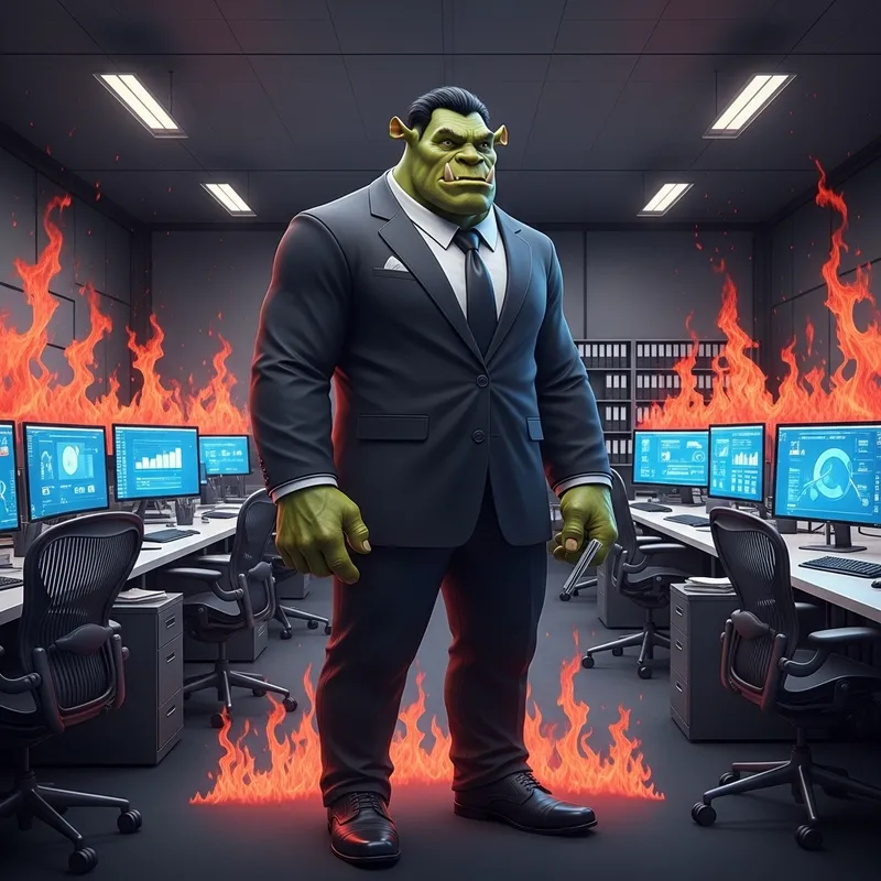 Fantasy Ogre in Suit with Red Flame Horns in Office Fantasy Ogre in Suit with Red Flame Horns in Office