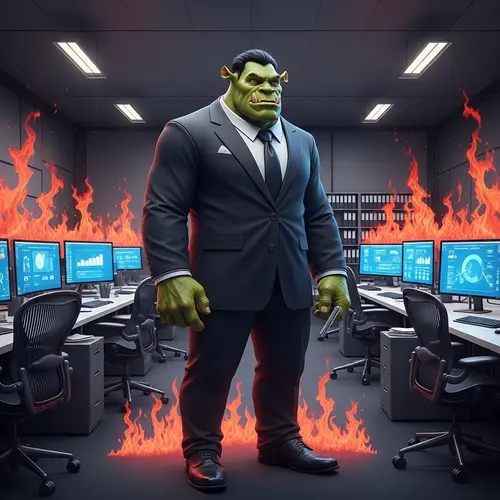 Fantasy Ogre in Business Suit with Red Flames in Office Scene