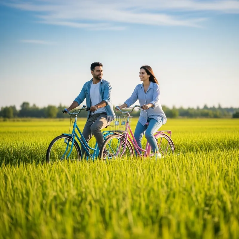 Husband and Wife Enjoy Leisurely Bike Ride in Lush Paddy Field