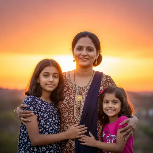 South Asian Mother and Daughters Portrait | Loving Family Sunset Shot