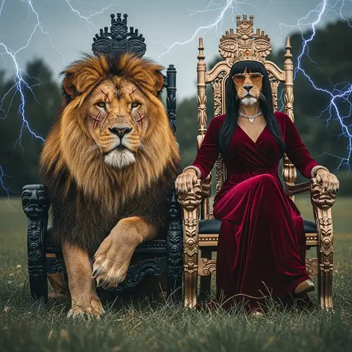 Photorealistic Scene in Lush Meadow with Alpha Lion and Queen Lioness