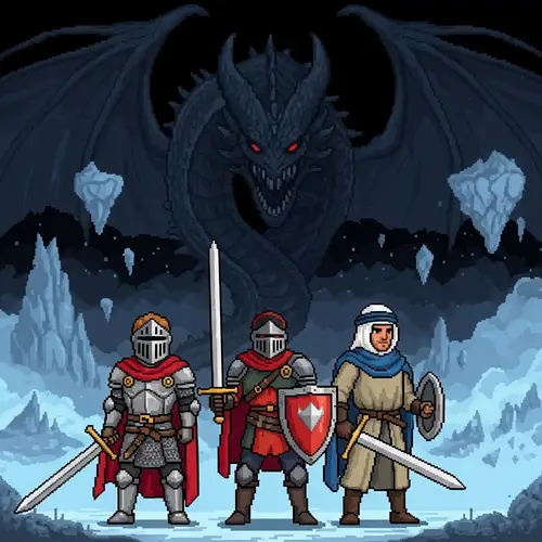 Pixel Art Scene: Three Knights vs. Black Dragon | Blasphemous Style