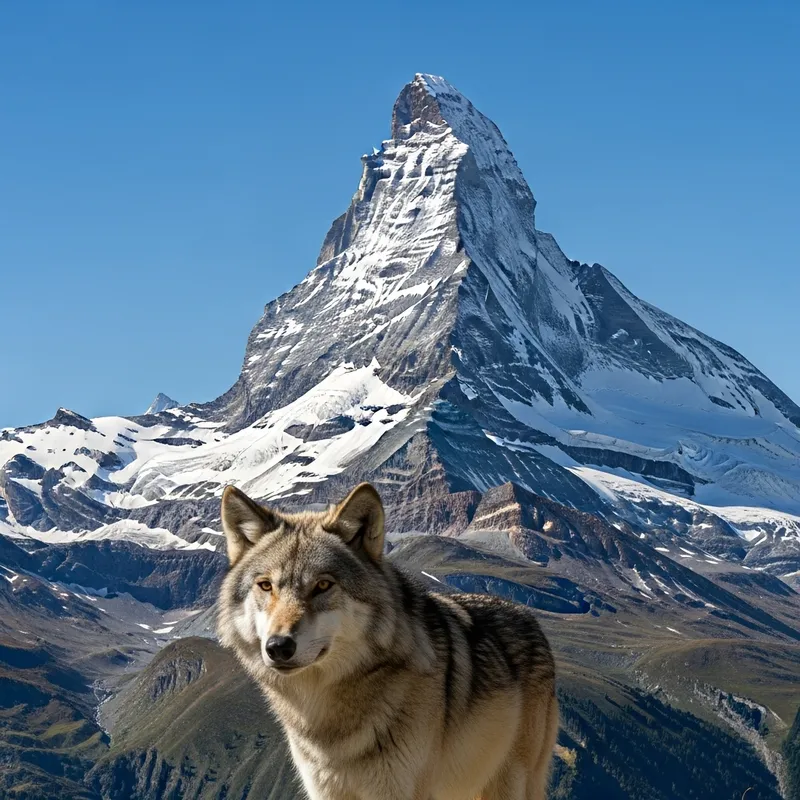 Majestic Wolf in Front of Matterhorn | Scenic Alpine Encounter Majestic Wolf in Front of Matterhorn | Scenic Alpine Encounter