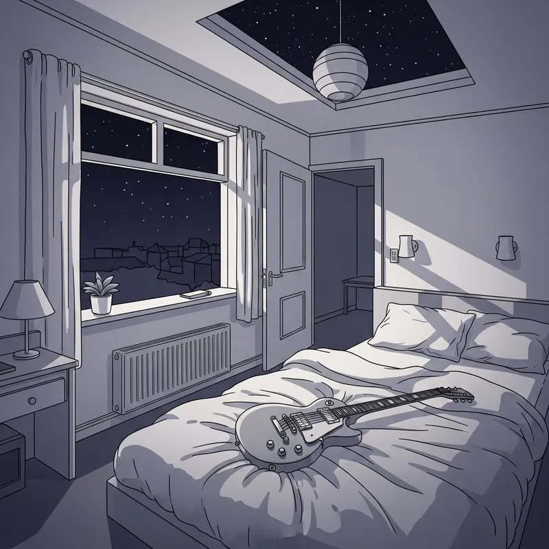 Unusual Apartment with Silverburst Guitar, Stars at Night