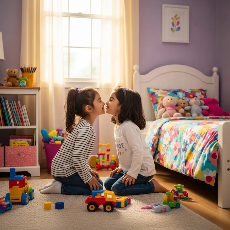 Sweet Sisterly Kiss in a Colorful Bedroom