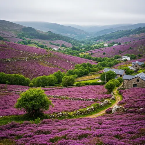 Picturesque Landscape in Galicia with Purple Flowers