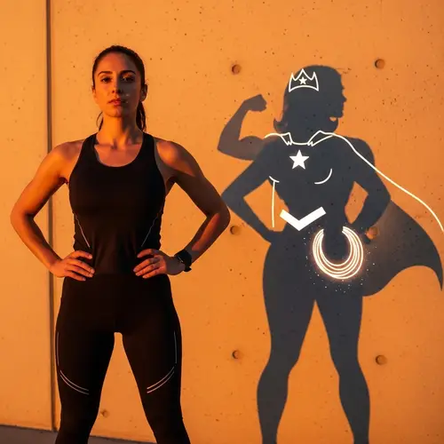 Hispanic Woman Superheroine Wall Art | Athletic Gear Sunset Shadow