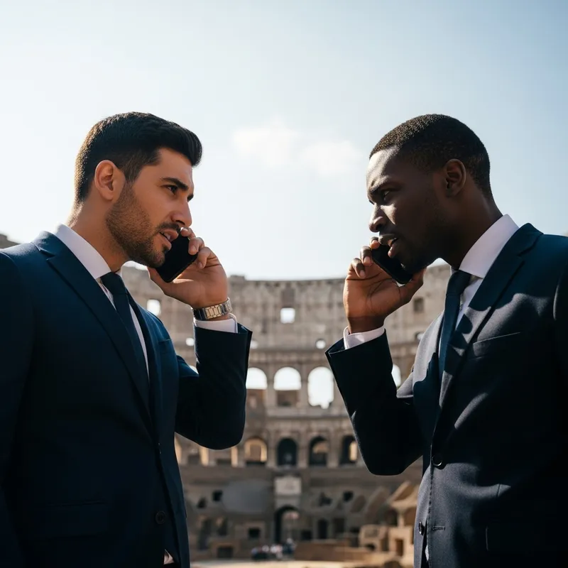 Intense Salesmen in Tailored Suits Competing in Colosseum Arena