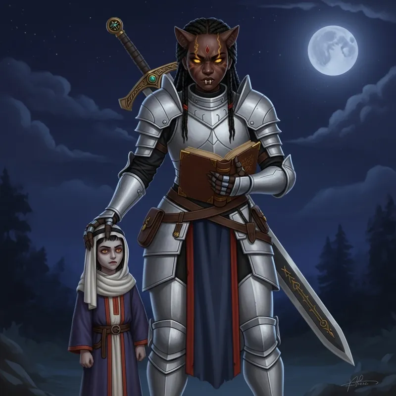 Teenage White Warrior Girl with Yellow Cat Eyes and Vampire Child