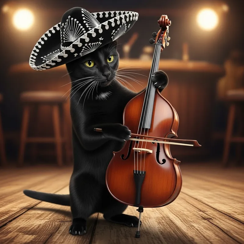 Black Cat Mariachi Double Bass Player - Musician Feline in a Mariachi Hat