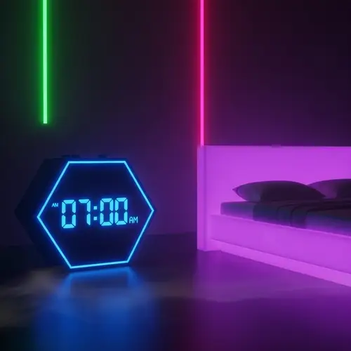 Neon Alarm Clock and Bed | Vibrant Glow Imagery