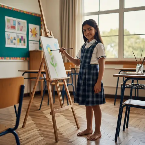 Radiant Eleven-Year-Old Hispanic Girl Painting in School