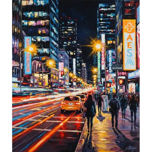 Vibrant City Night Oil Painting | Urban Nightlife Energy Capture