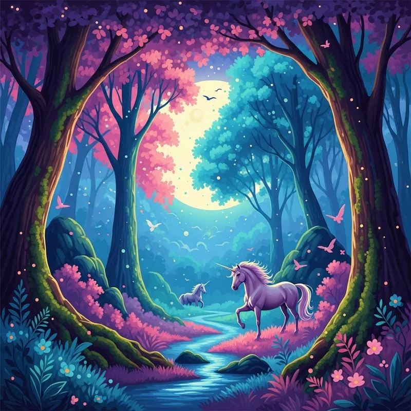 Mystical Forest Embraced by Moonlight | Enchanting Unicorn Scene